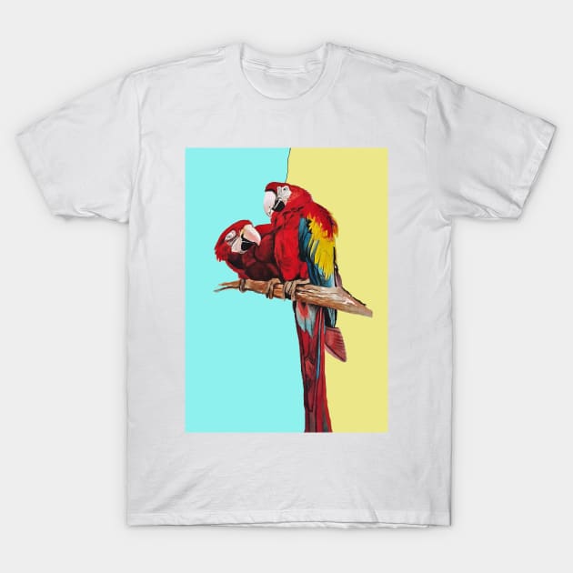 Macaw Parrot Watercolor Painting on Aqua and Yellow T-Shirt by SarahRajkotwala